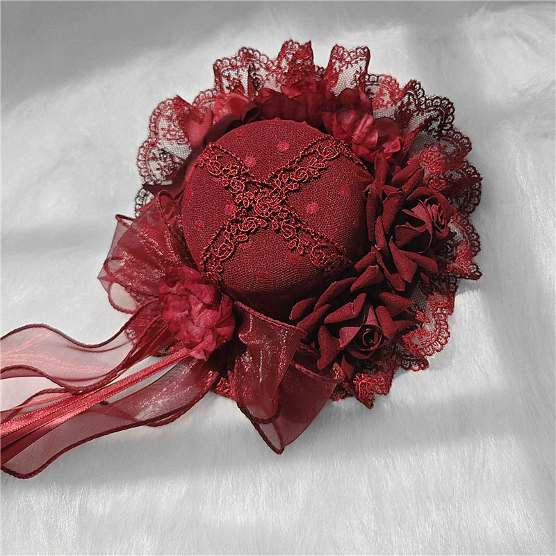 Gothic Lolita Red Top Hat, Rose & Bow - Image 11