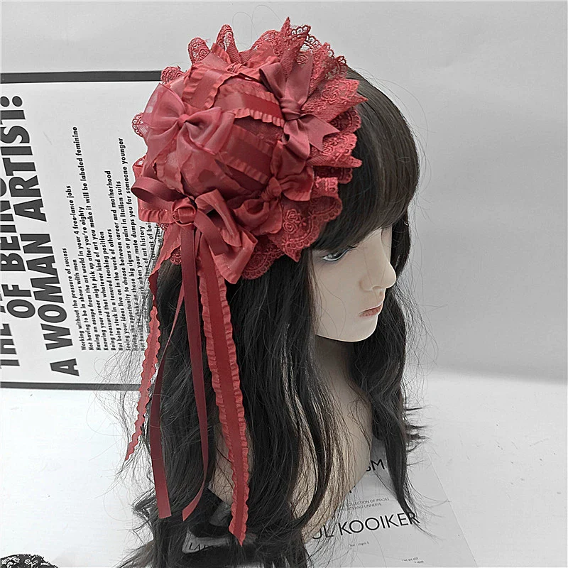 Gothic Lolita Red Top Hat, Rose & Bow - Image 3
