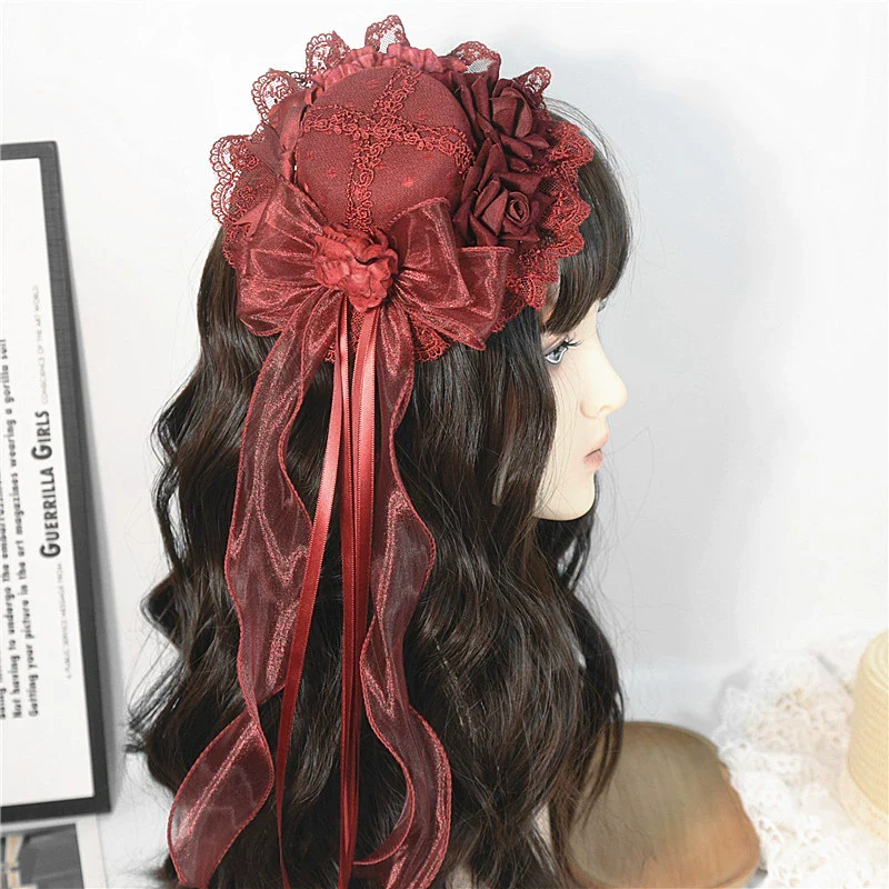 Gothic Lolita Red Top Hat, Rose & Bow - Image 4