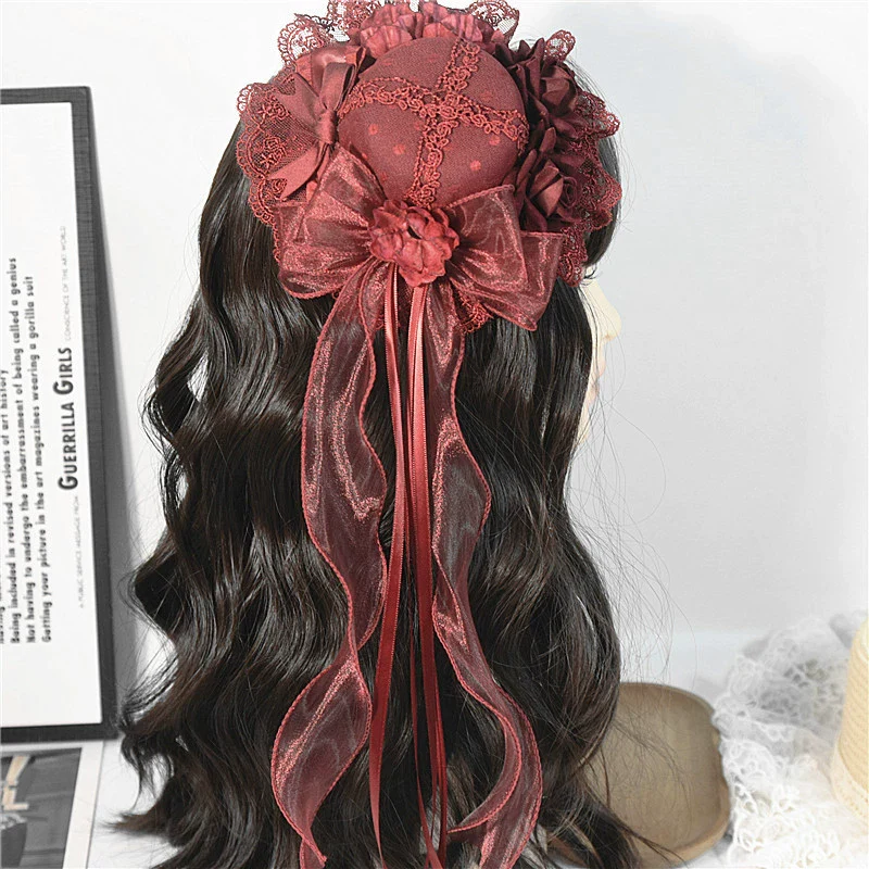 Gothic Lolita Red Top Hat, Rose & Bow - Image 5