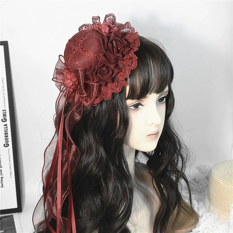 Gothic Lolita Red Top Hat, Rose & Bow - Image 6