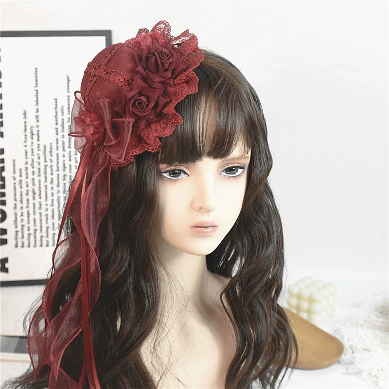 Gothic Lolita Red Top Hat, Rose & Bow - Image 7