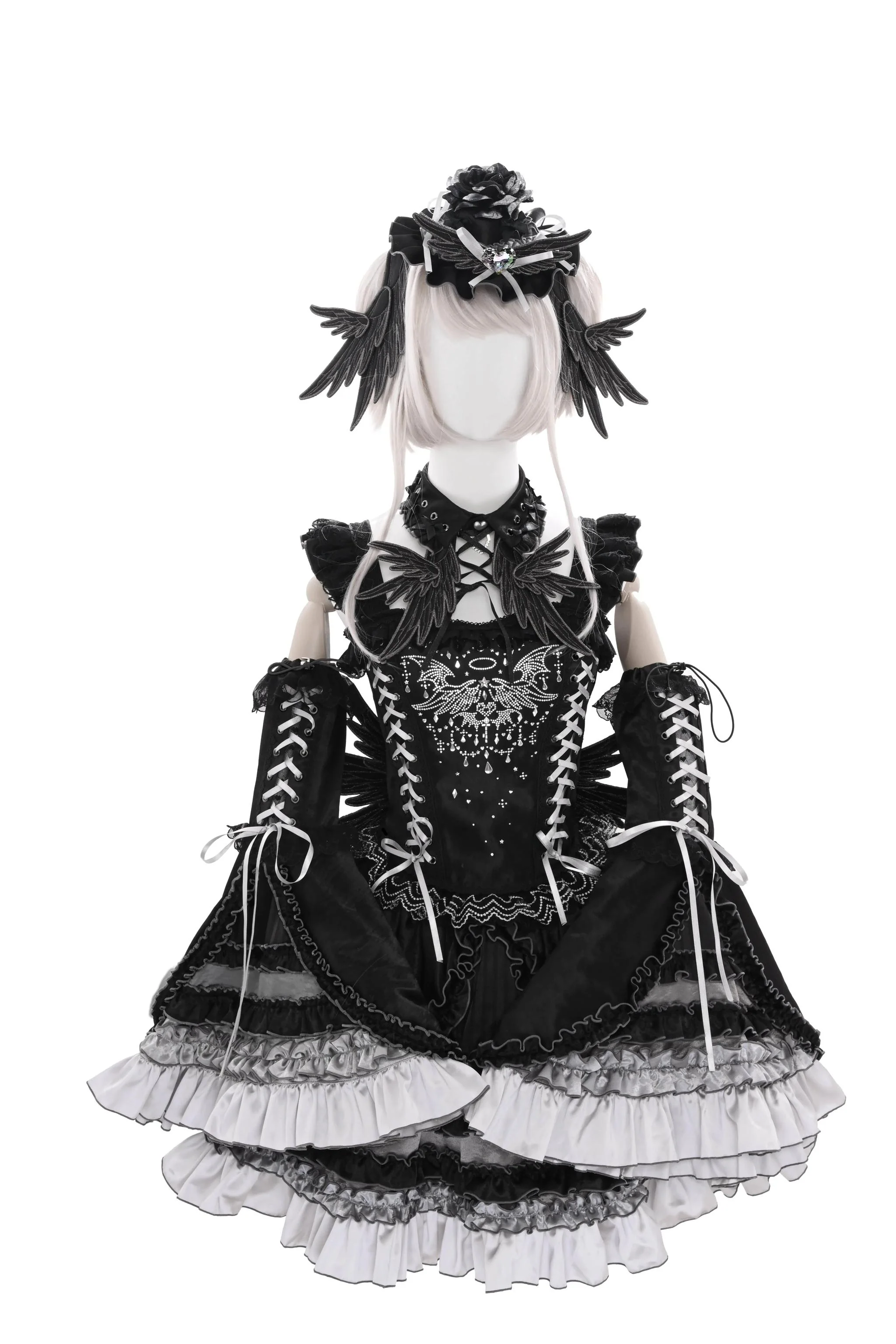Metallic Angel Black - Gothic Lolita Rhinestone Top & Ruffled Skirt Set - Image 10