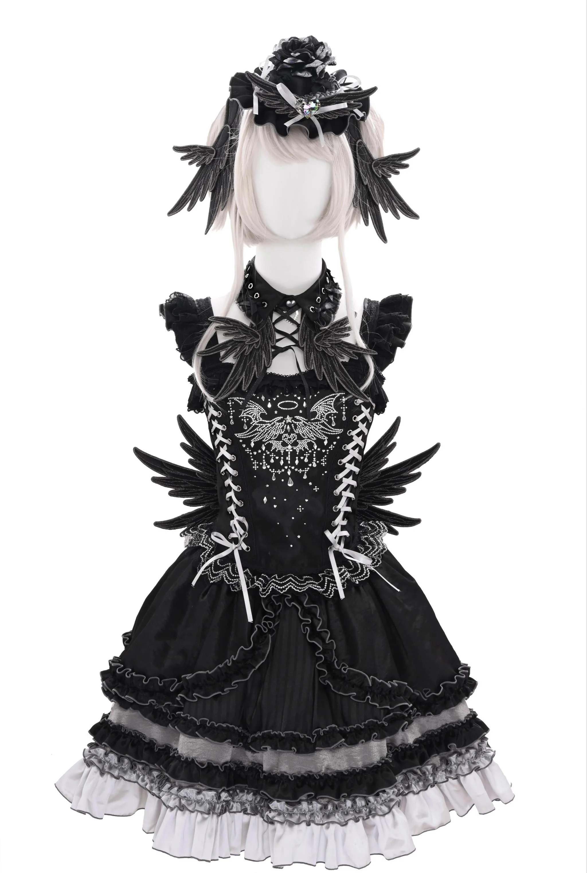 Metallic Angel Black - Gothic Lolita Rhinestone Top & Ruffled Skirt Set - Image 11