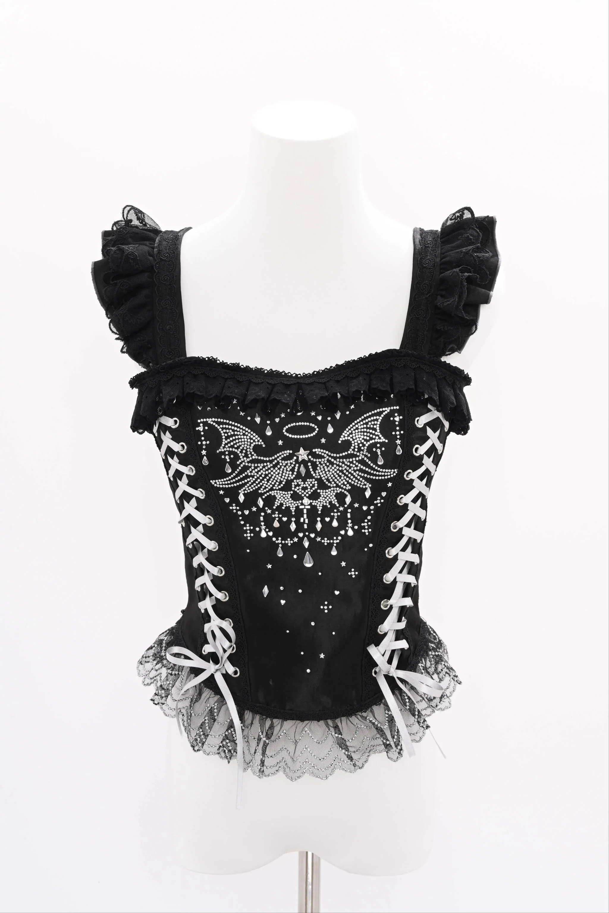 Metallic Angel Black - Gothic Lolita Rhinestone Top & Ruffled Skirt Set - Image 14
