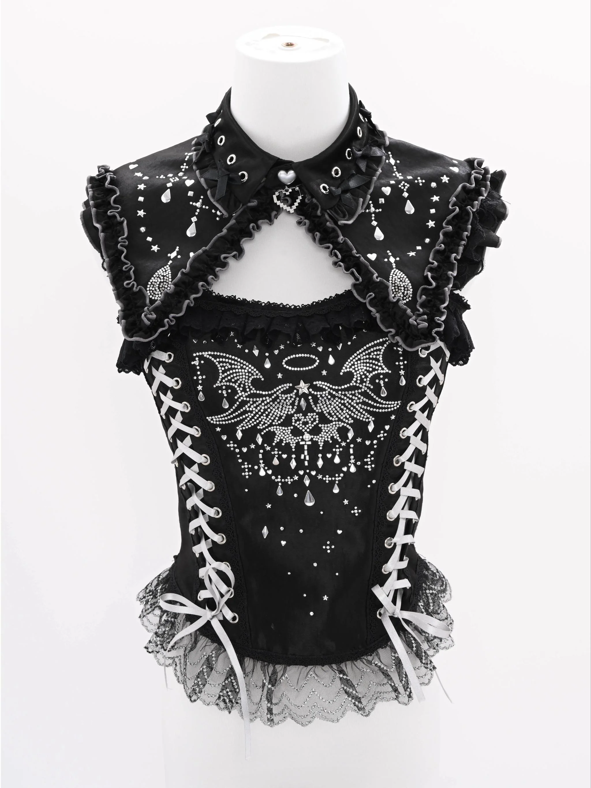 Metallic Angel Black - Gothic Lolita Rhinestone Top & Ruffled Skirt Set - Image 21