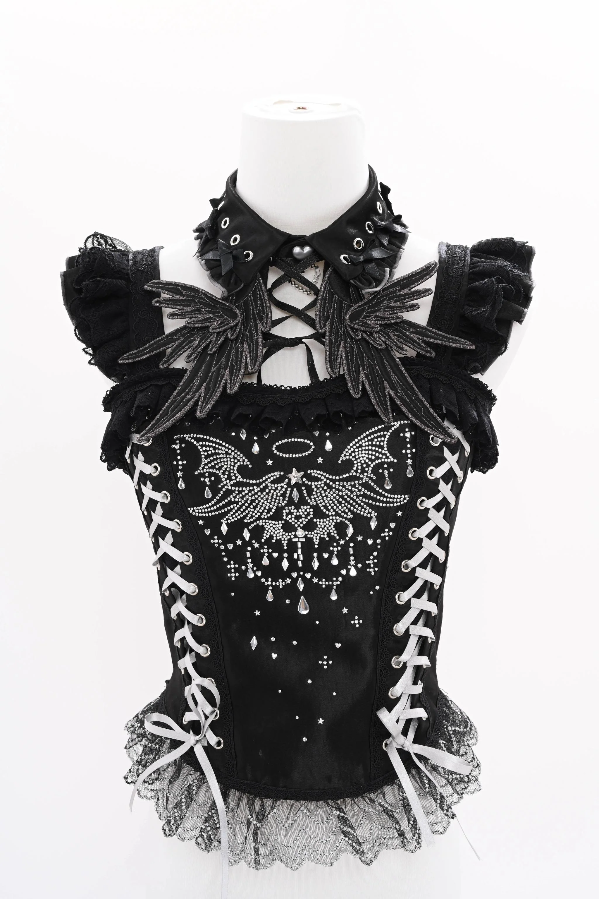 Metallic Angel Black - Gothic Lolita Rhinestone Top & Ruffled Skirt Set - Image 22