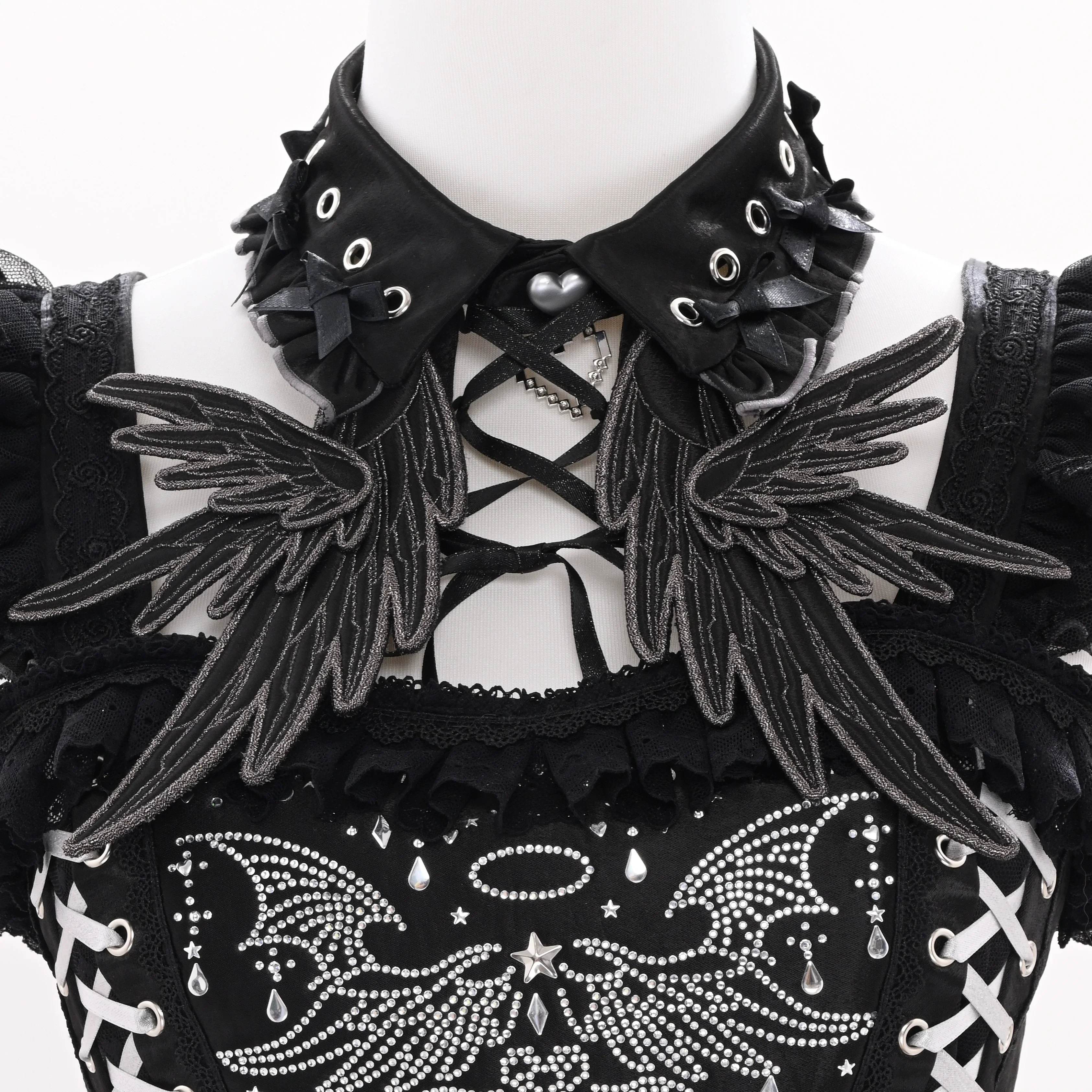 Metallic Angel Black - Gothic Lolita Rhinestone Top & Ruffled Skirt Set - Image 23