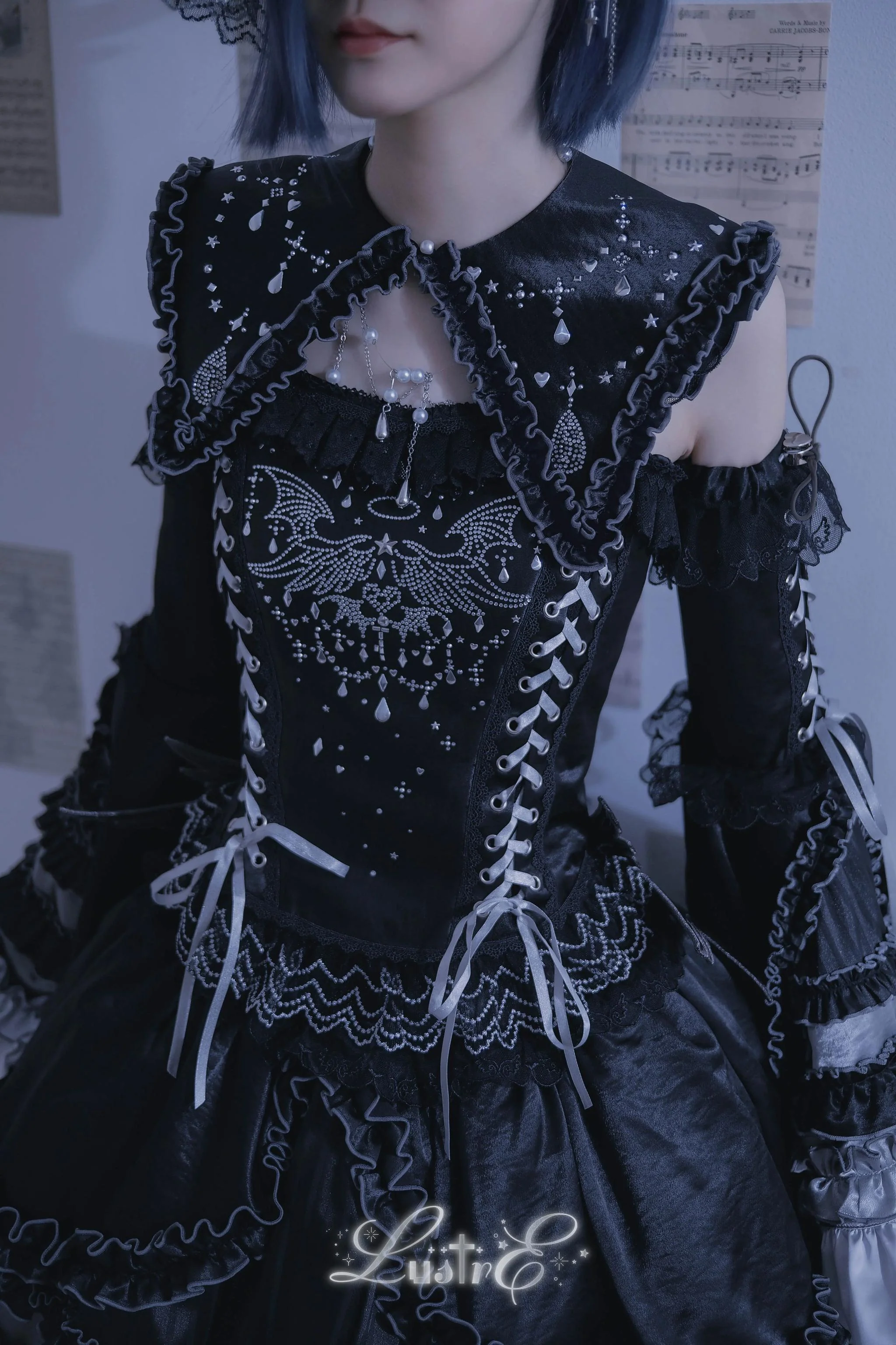 Metallic Angel Black - Gothic Lolita Rhinestone Top & Ruffled Skirt Set - Image 5