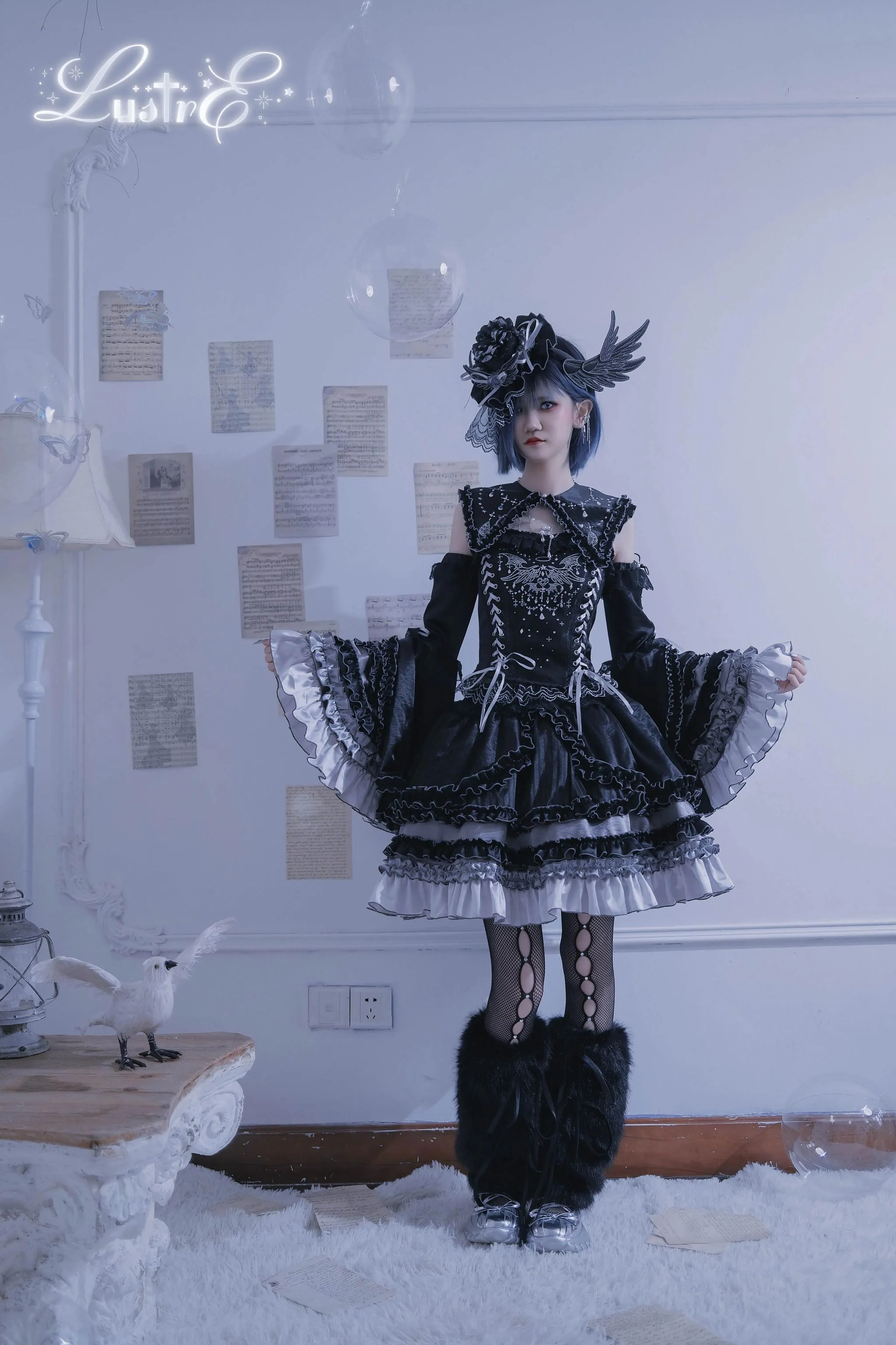 Metallic Angel Black - Gothic Lolita Rhinestone Top & Ruffled Skirt Set - Image 6
