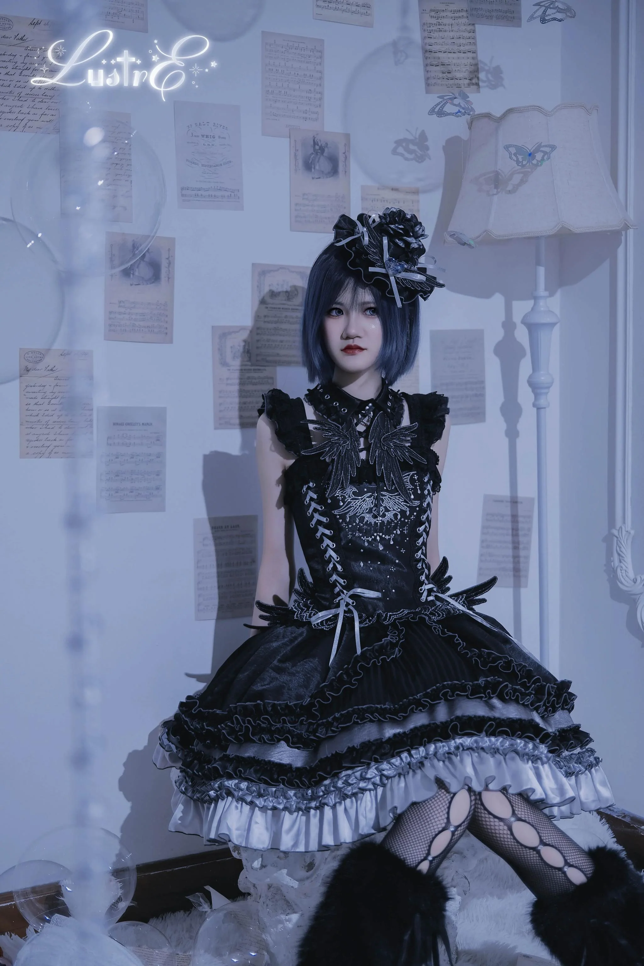 Metallic Angel Black - Gothic Lolita Rhinestone Top & Ruffled Skirt Set - Image 8