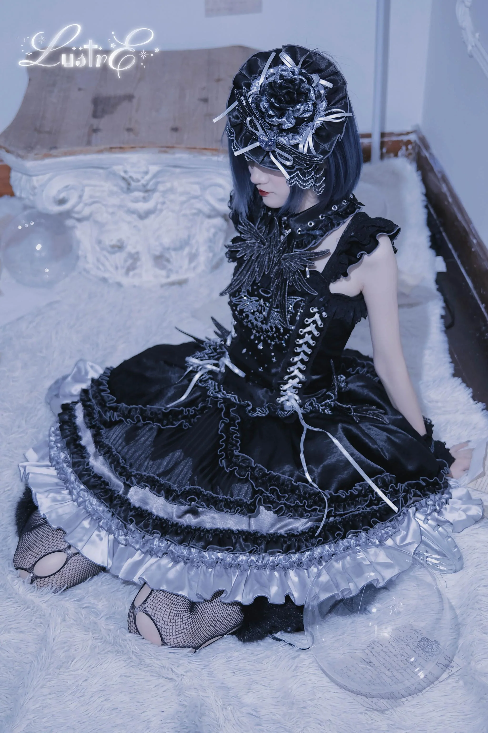 Metallic Angel Black - Gothic Lolita Rhinestone Top & Ruffled Skirt Set - Image 9