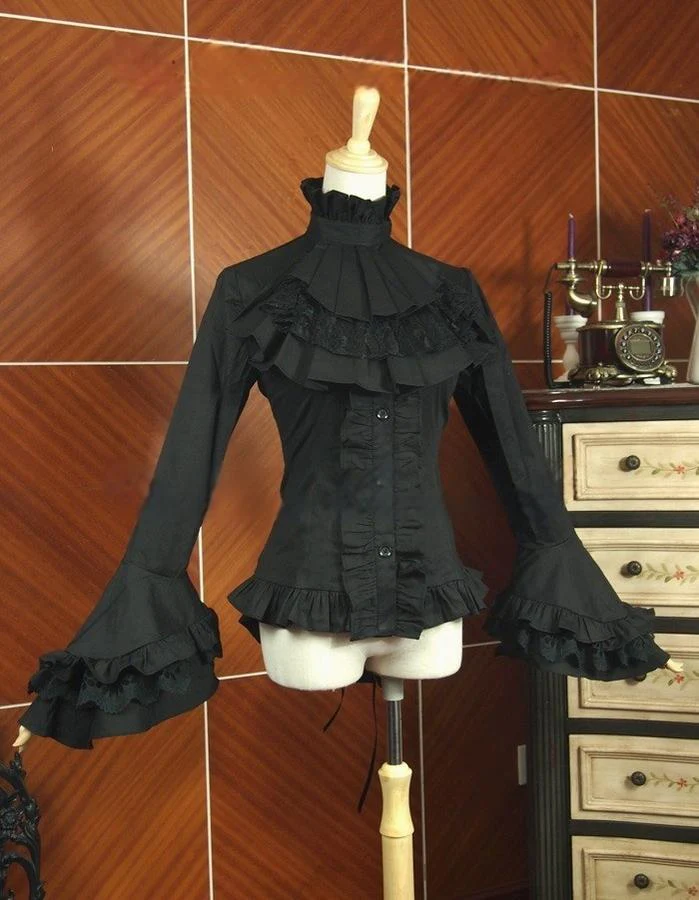 Dark Angel - Gothic Lolita Shirt with Long Sleeve and Ruffled Long Tail - Image 2