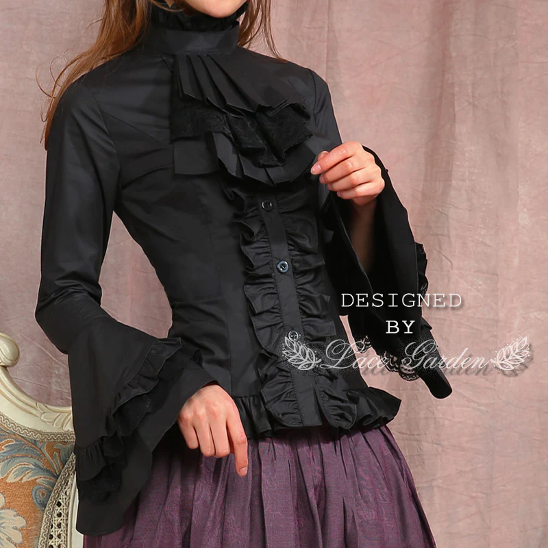 Dark Angel - Gothic Lolita Shirt with Long Sleeve and Ruffled Long Tail - Image 5