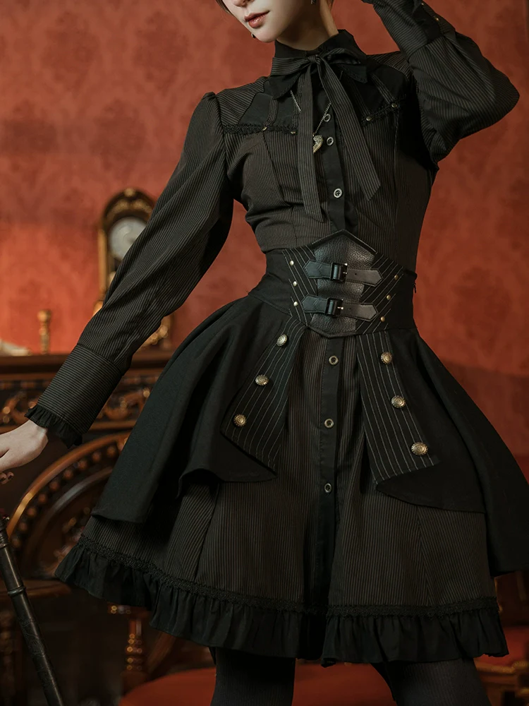 Mr. Yi's Steam Continent - Gothic Lolita Skirt Black High-Waisted Leather Waistband Skirt - Image 11