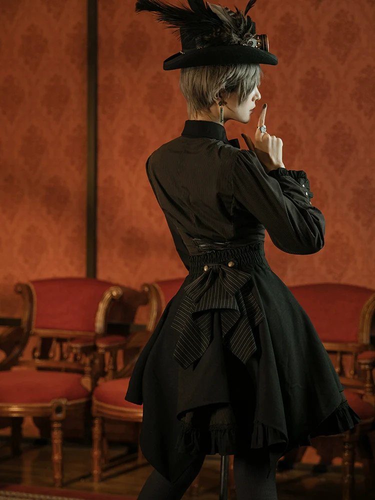 Mr. Yi's Steam Continent - Gothic Lolita Skirt Black High-Waisted Leather Waistband Skirt - Image 12