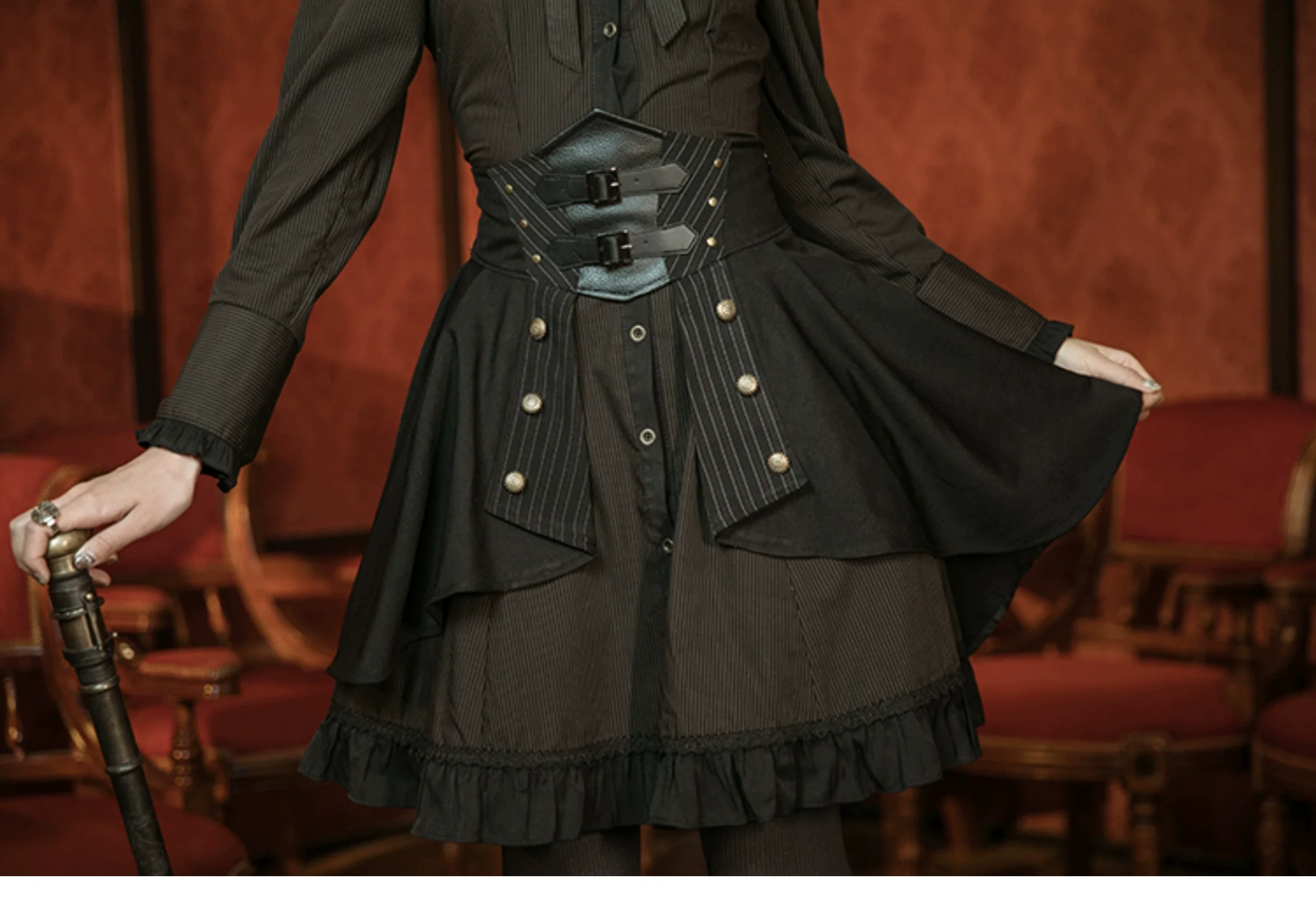 Mr. Yi's Steam Continent - Gothic Lolita Skirt Black High-Waisted Leather Waistband Skirt - Image 13