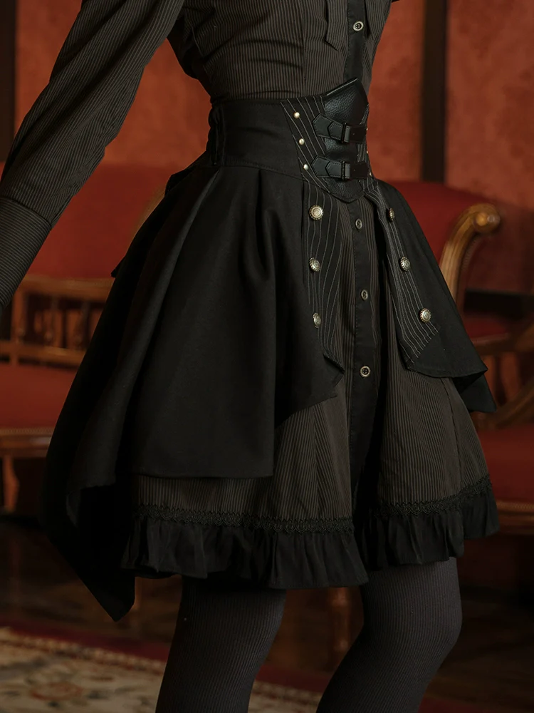 Mr. Yi's Steam Continent - Gothic Lolita Skirt Black High-Waisted Leather Waistband Skirt - Image 14