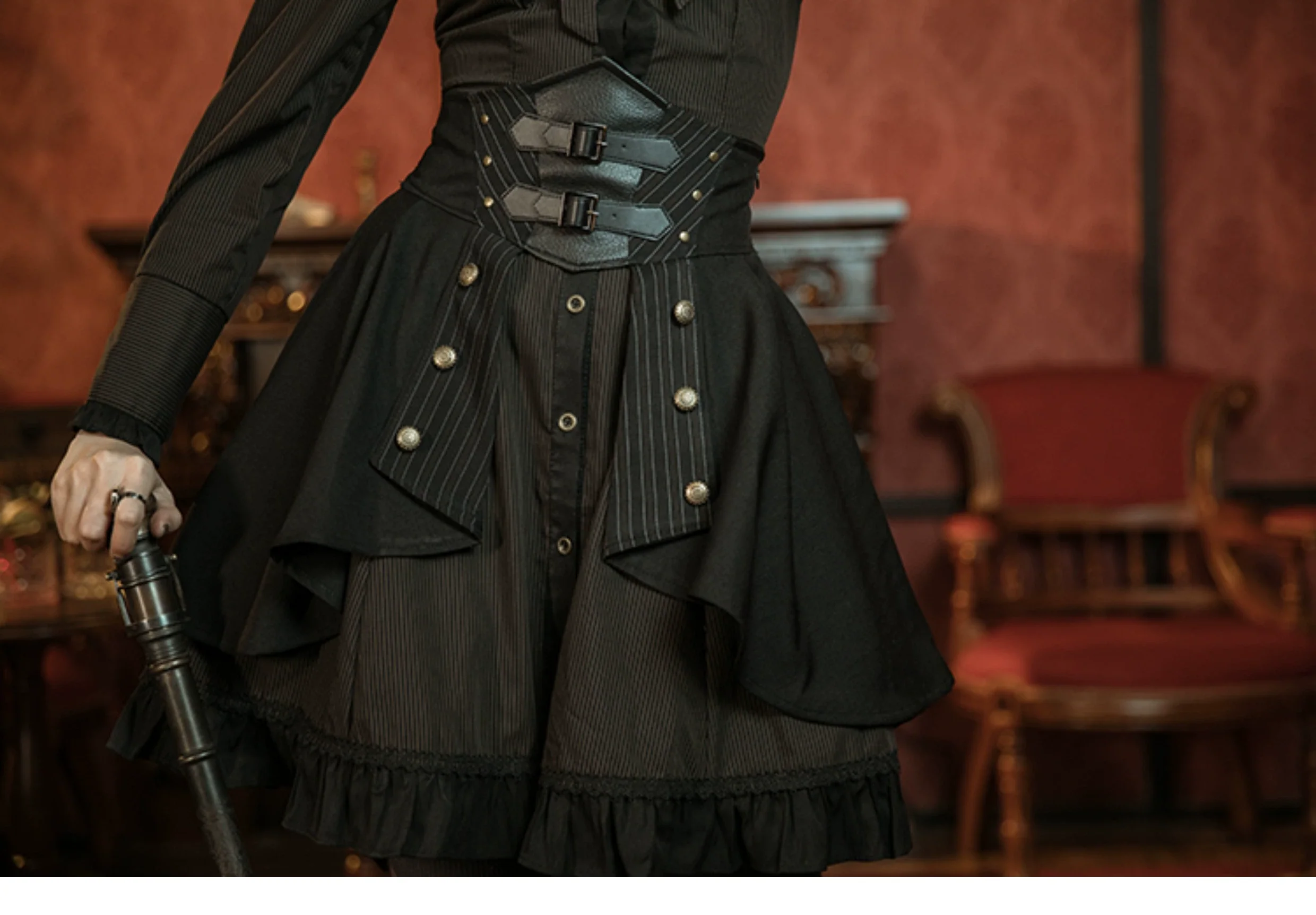 Mr. Yi's Steam Continent - Gothic Lolita Skirt Black High-Waisted Leather Waistband Skirt - Image 15