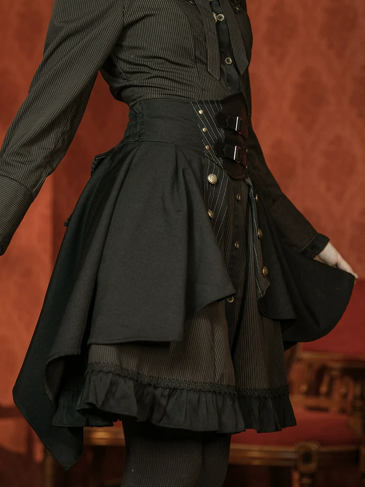 Mr. Yi's Steam Continent - Gothic Lolita Skirt Black High-Waisted Leather Waistband Skirt - Image 16