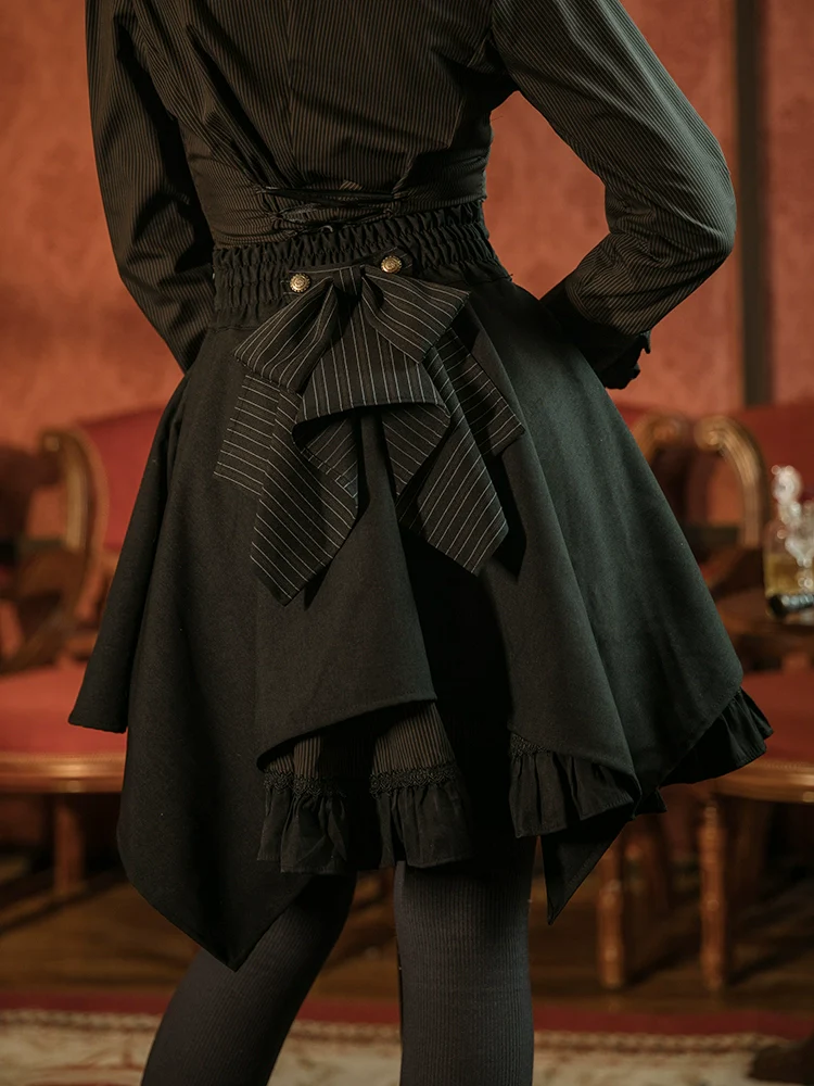 Mr. Yi's Steam Continent - Gothic Lolita Skirt Black High-Waisted Leather Waistband Skirt - Image 17