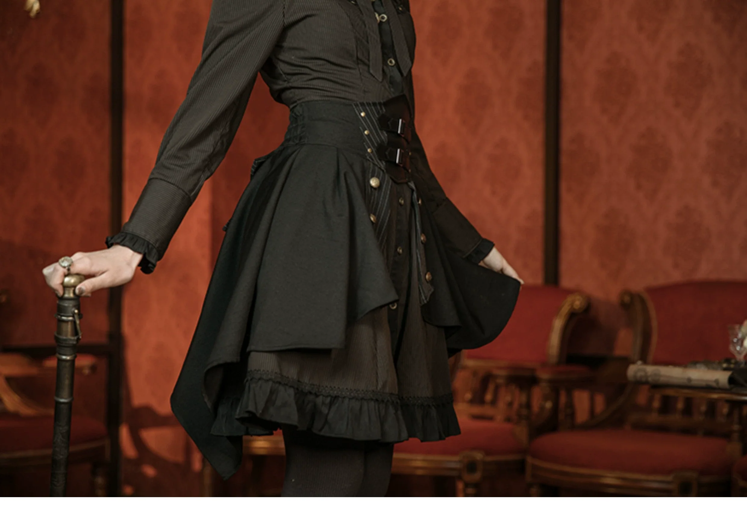 Mr. Yi's Steam Continent - Gothic Lolita Skirt Black High-Waisted Leather Waistband Skirt - Image 19