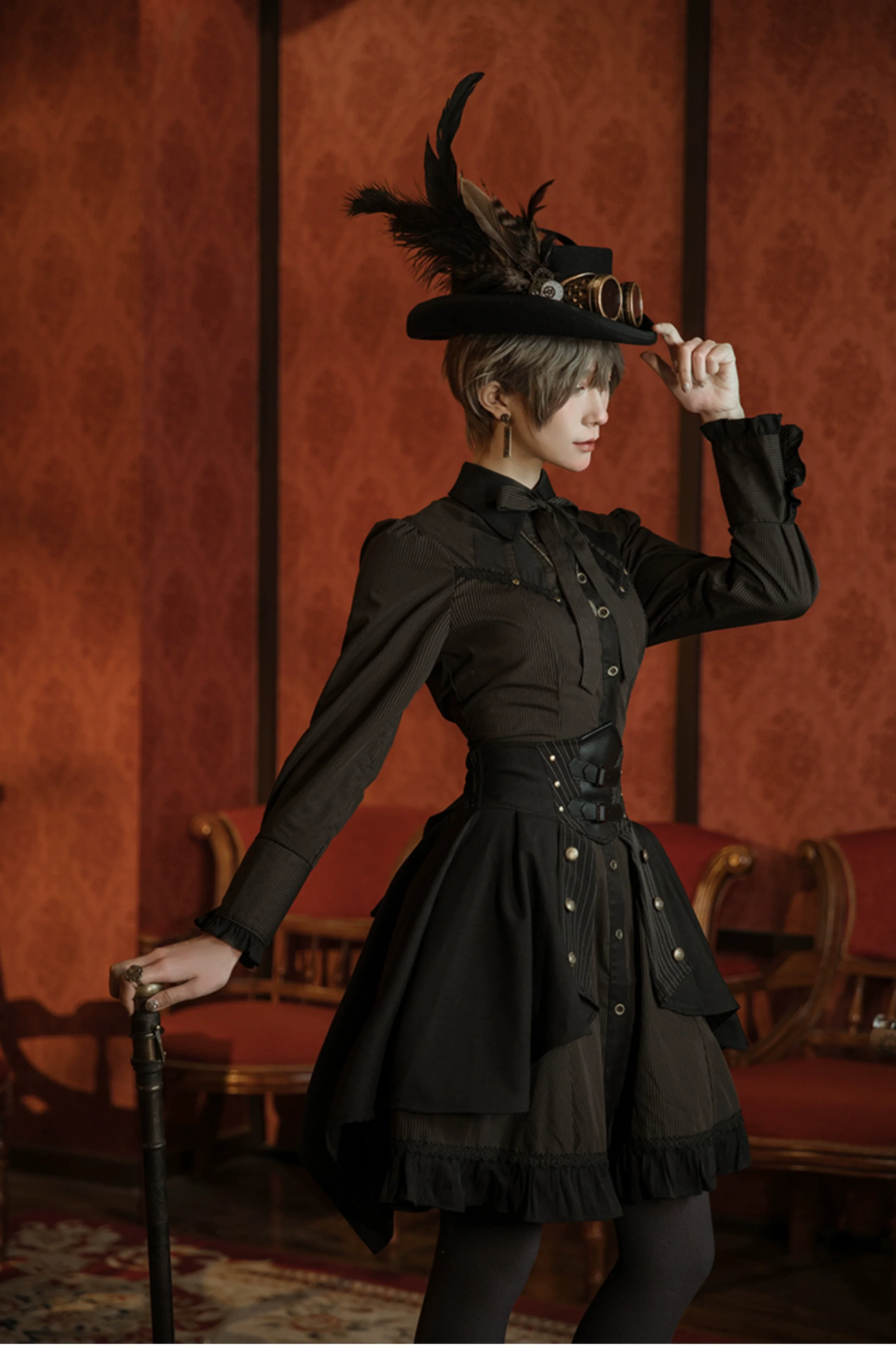 Mr. Yi's Steam Continent - Gothic Lolita Skirt Black High-Waisted Leather Waistband Skirt - Image 2