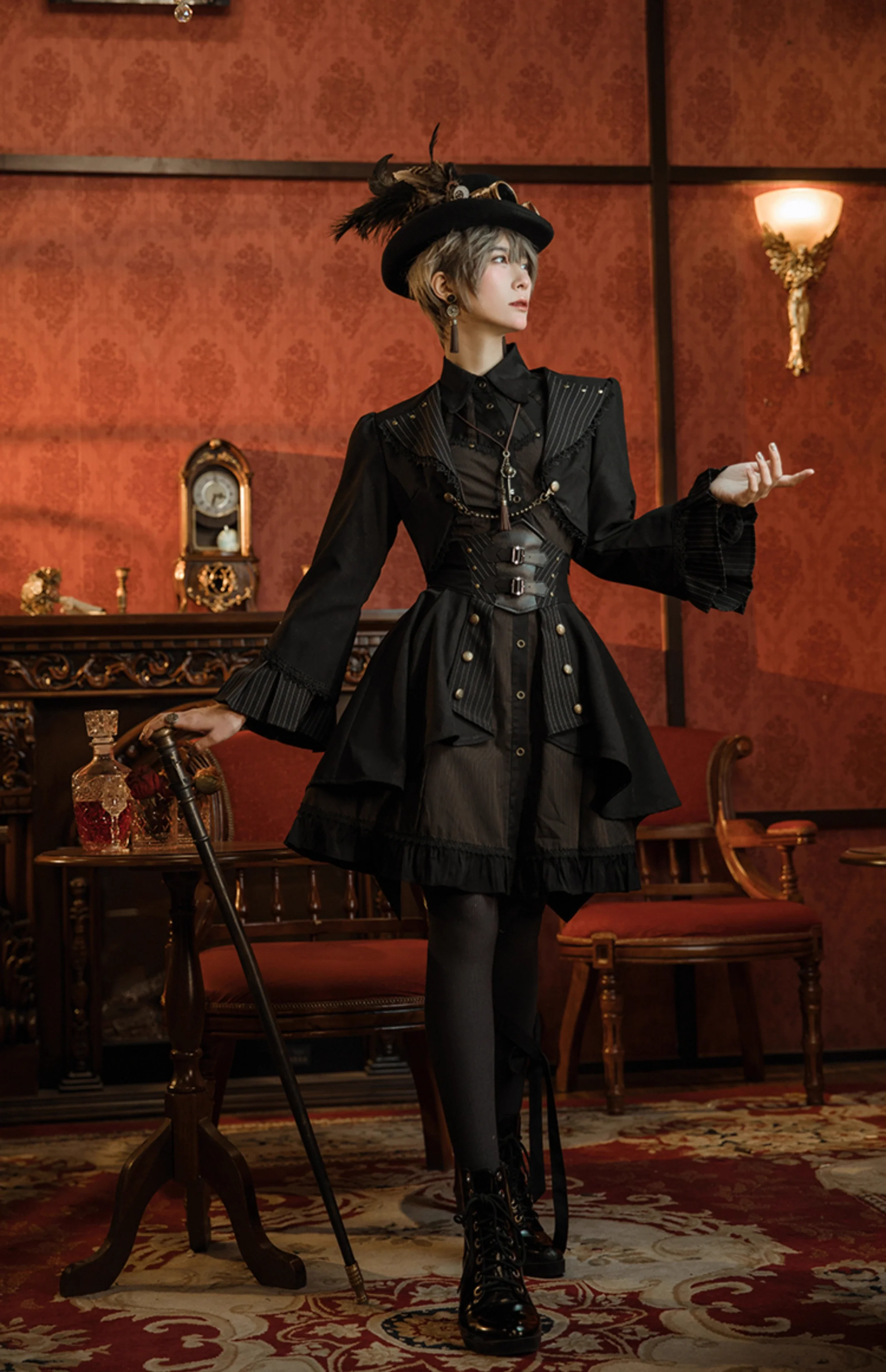 Mr. Yi's Steam Continent - Gothic Lolita Skirt Black High-Waisted Leather Waistband Skirt - Image 3