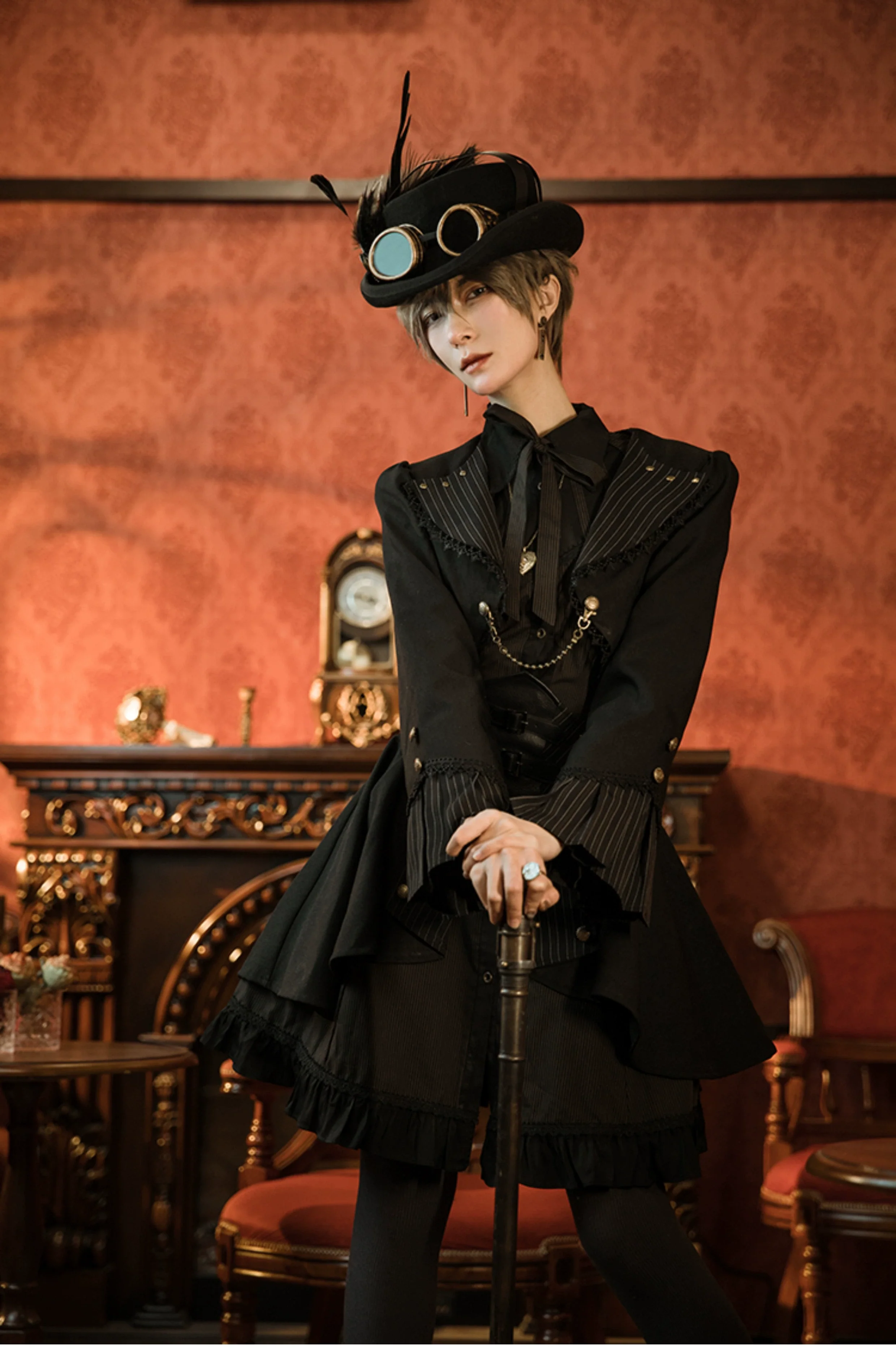 Mr. Yi's Steam Continent - Gothic Lolita Skirt Black High-Waisted Leather Waistband Skirt - Image 4