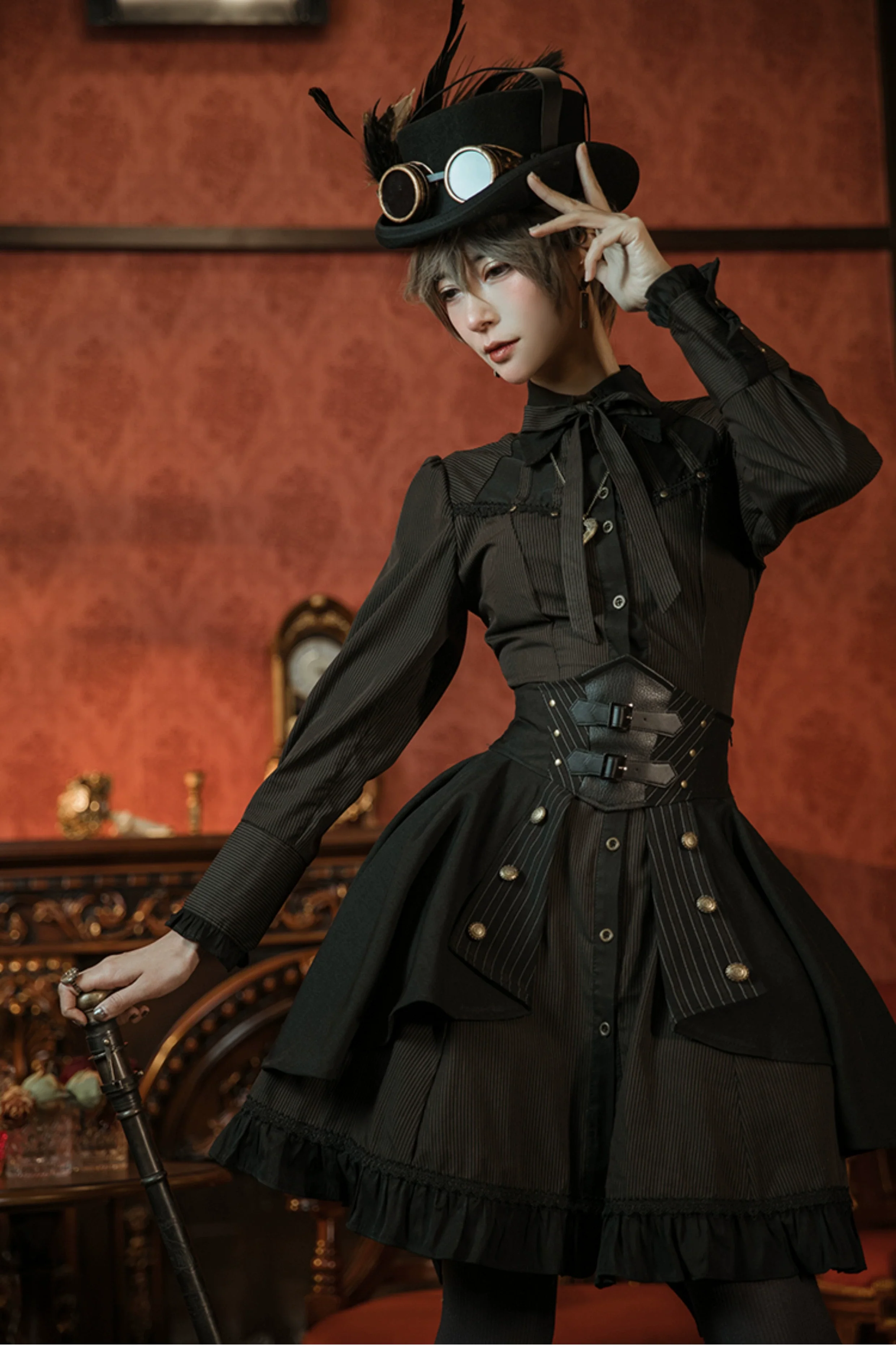 Mr. Yi's Steam Continent - Gothic Lolita Skirt Black High-Waisted Leather Waistband Skirt - Image 8