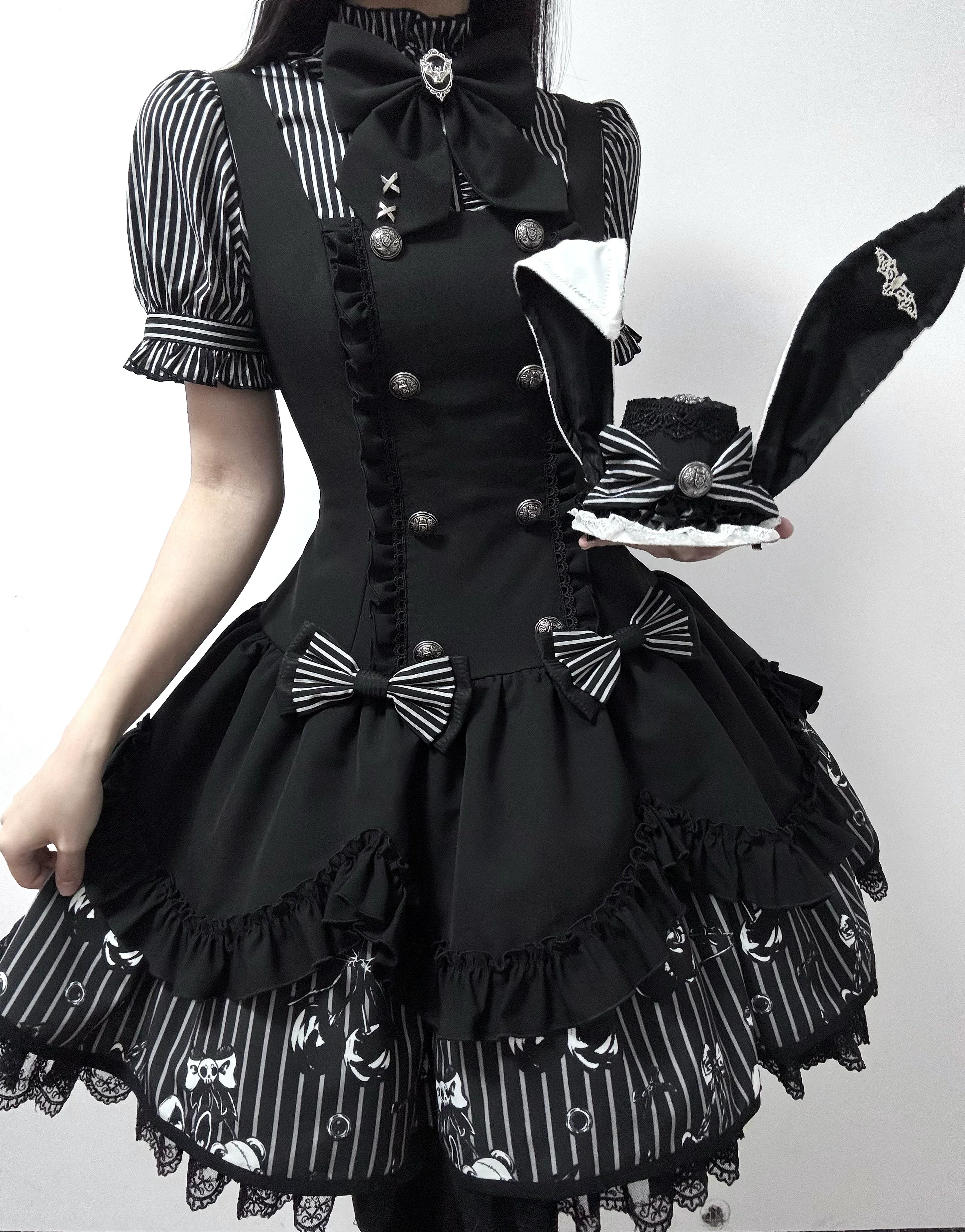 Dark Lord - Gothic Lolita Striped JSK Set, Skull Print - Image 10