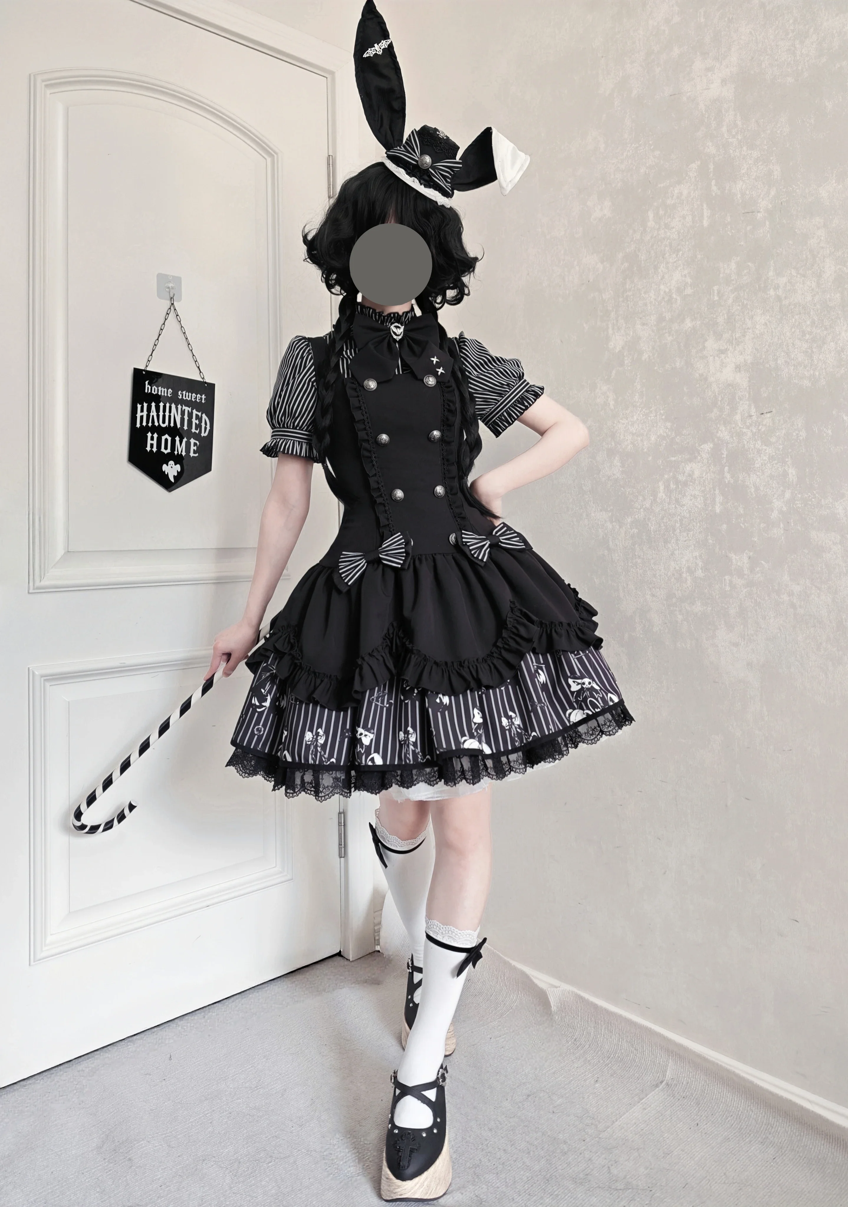 Dark Lord - Gothic Lolita Striped JSK Set, Skull Print - Image 7