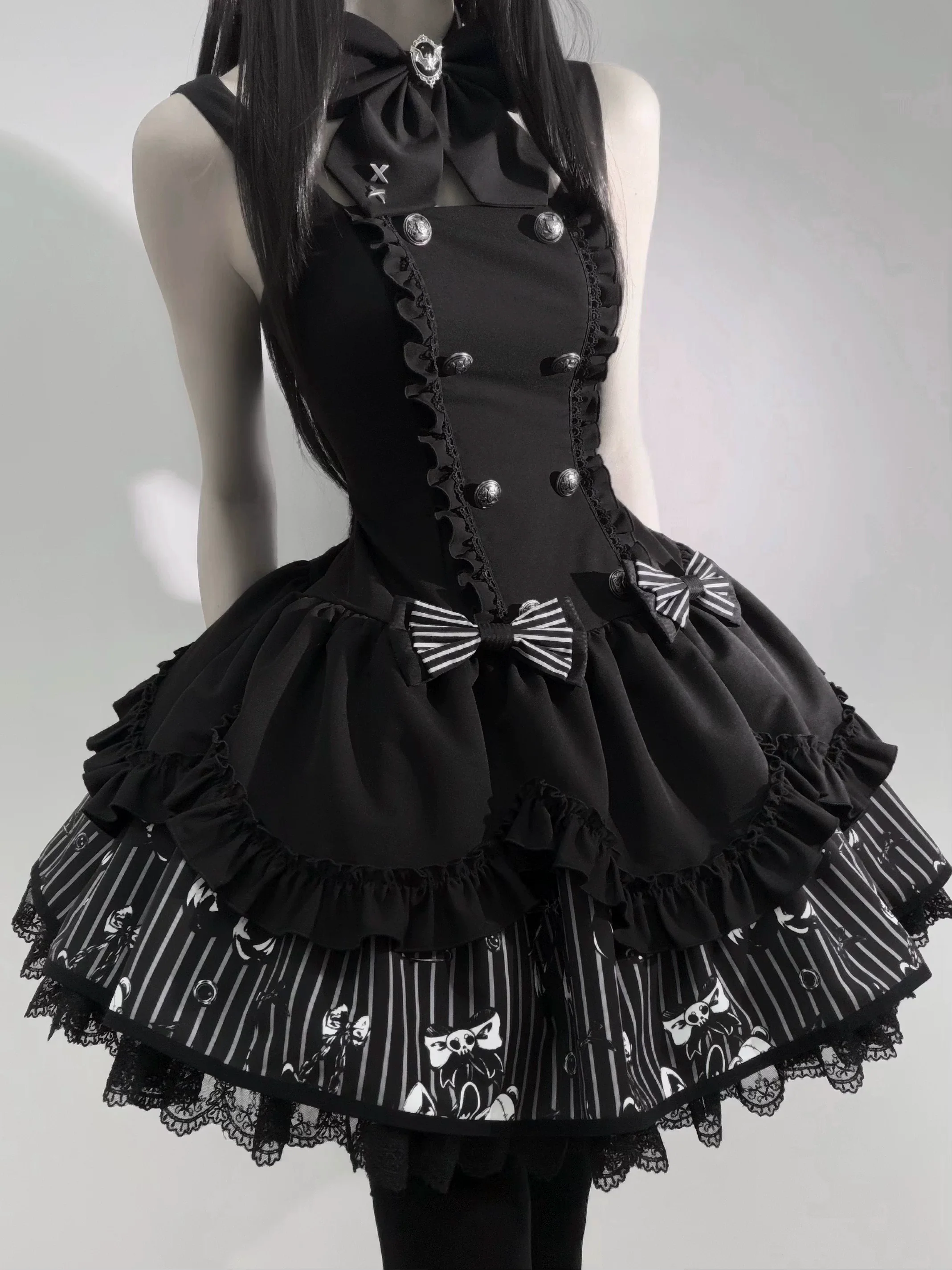 Dark Lord - Gothic Lolita Striped JSK Set, Skull Print - Image 9
