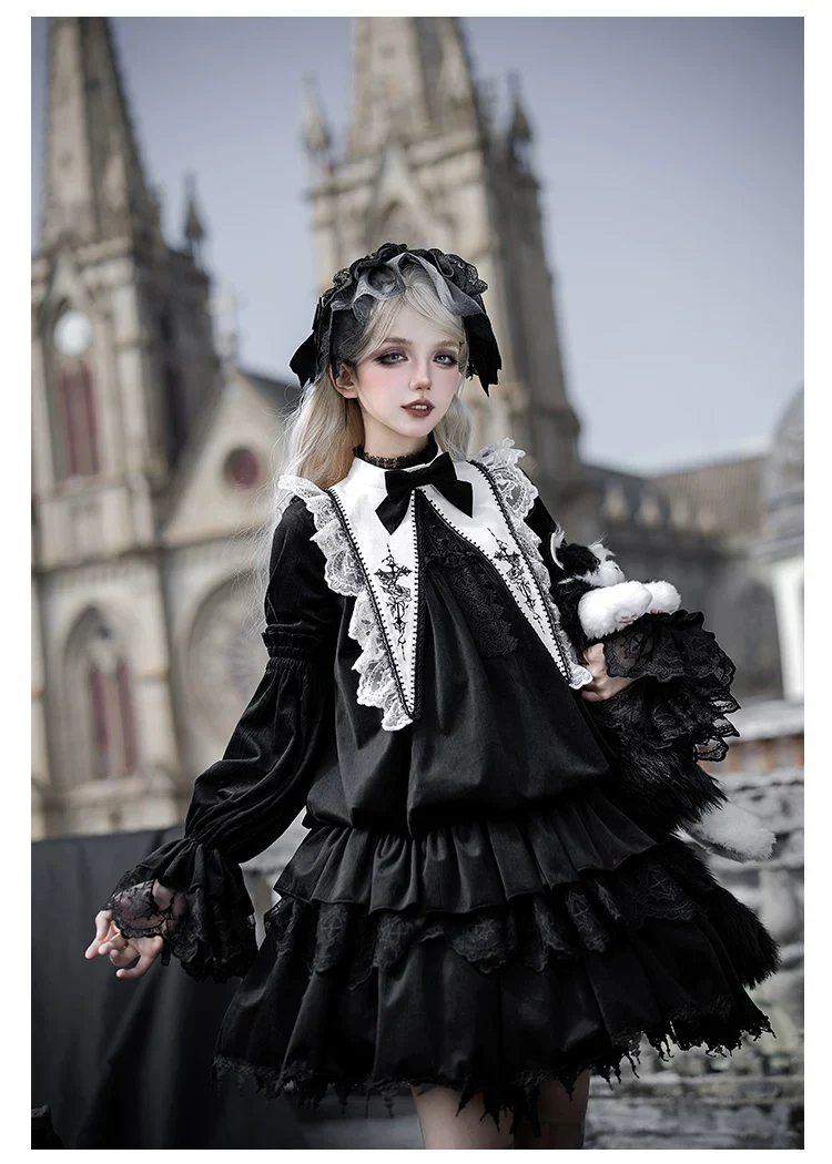 Dawn Bell & Dusk Song - Gothic Lolita Velvet OP Dress, Back Zipper - Image 13