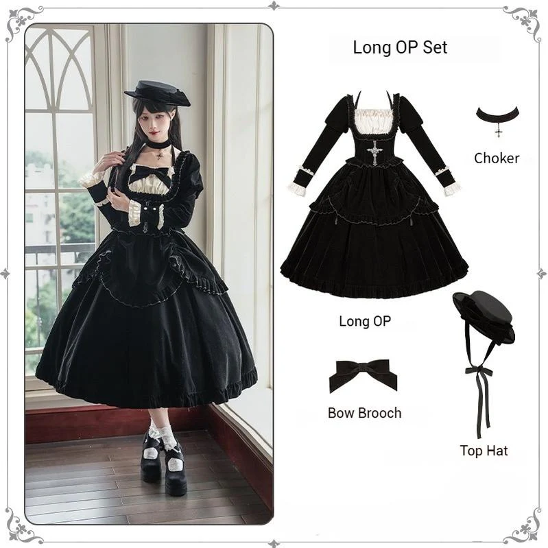 With PUJI - Apocalypse - Gothic Lolita Velvet OP Dress Set, Fishbone Waist - Image 26