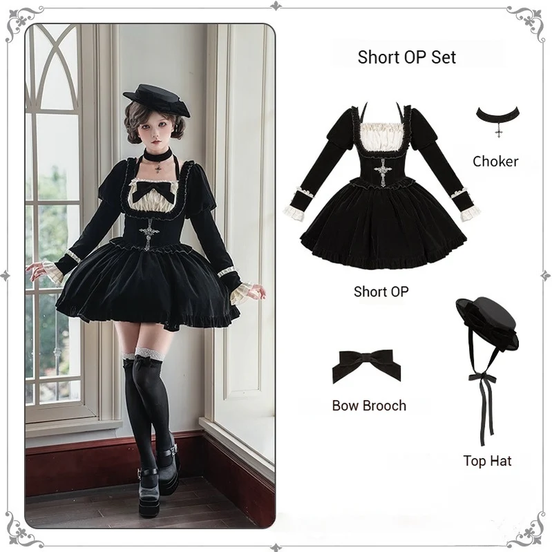 With PUJI - Apocalypse - Gothic Lolita Velvet OP Dress Set, Fishbone Waist - Image 27