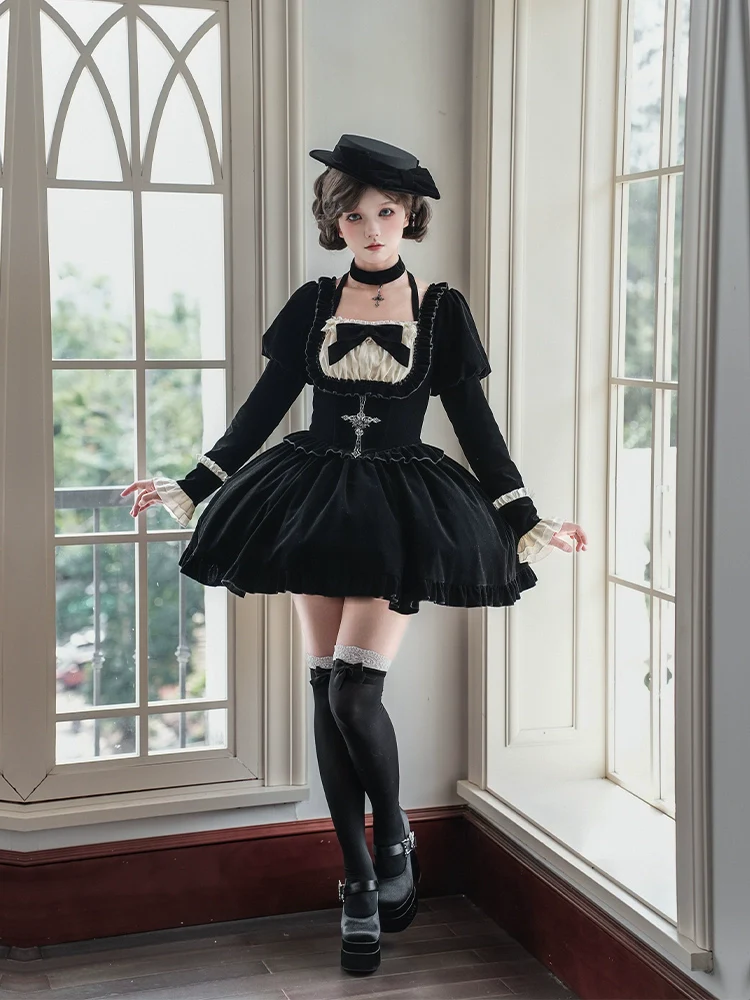 With PUJI - Apocalypse - Gothic Lolita Velvet OP Dress Set, Fishbone Waist - Image 3