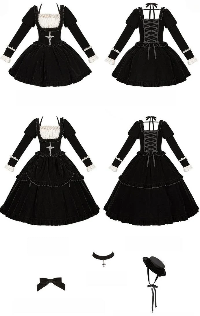 With PUJI - Apocalypse - Gothic Lolita Velvet OP Dress Set, Fishbone Waist - Image 30