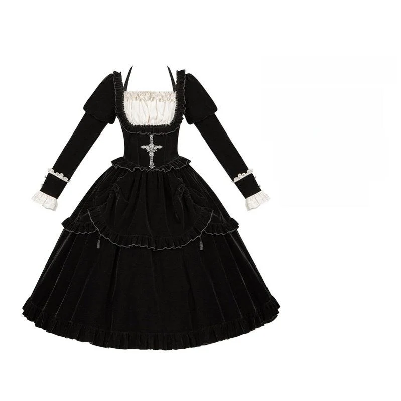 With PUJI - Apocalypse - Gothic Lolita Velvet OP Dress Set, Fishbone Waist - Image 31