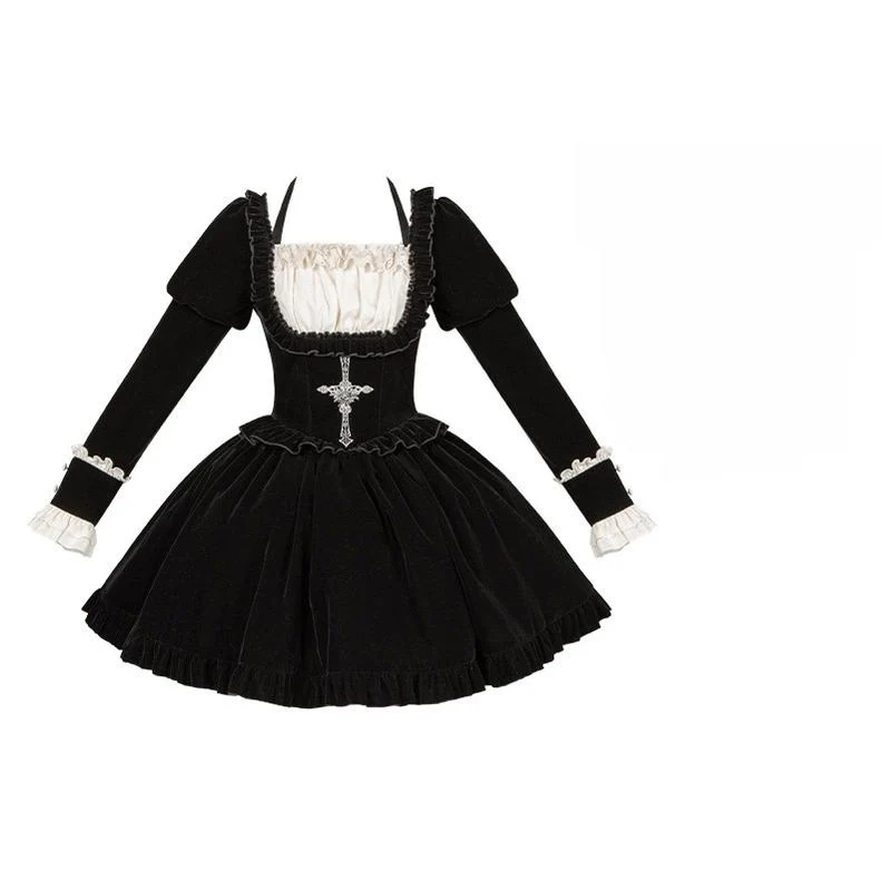 With PUJI - Apocalypse - Gothic Lolita Velvet OP Dress Set, Fishbone Waist - Image 32