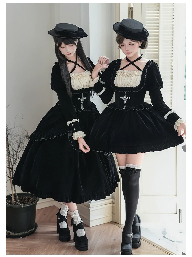 With PUJI - Apocalypse - Gothic Lolita Velvet OP Dress Set, Fishbone Waist - Image 7