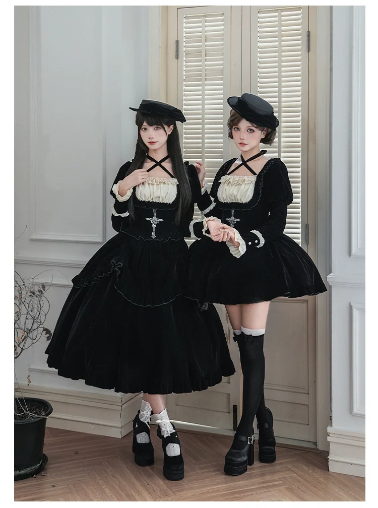 With PUJI - Apocalypse - Gothic Lolita Velvet OP Dress Set, Fishbone Waist - Image 8