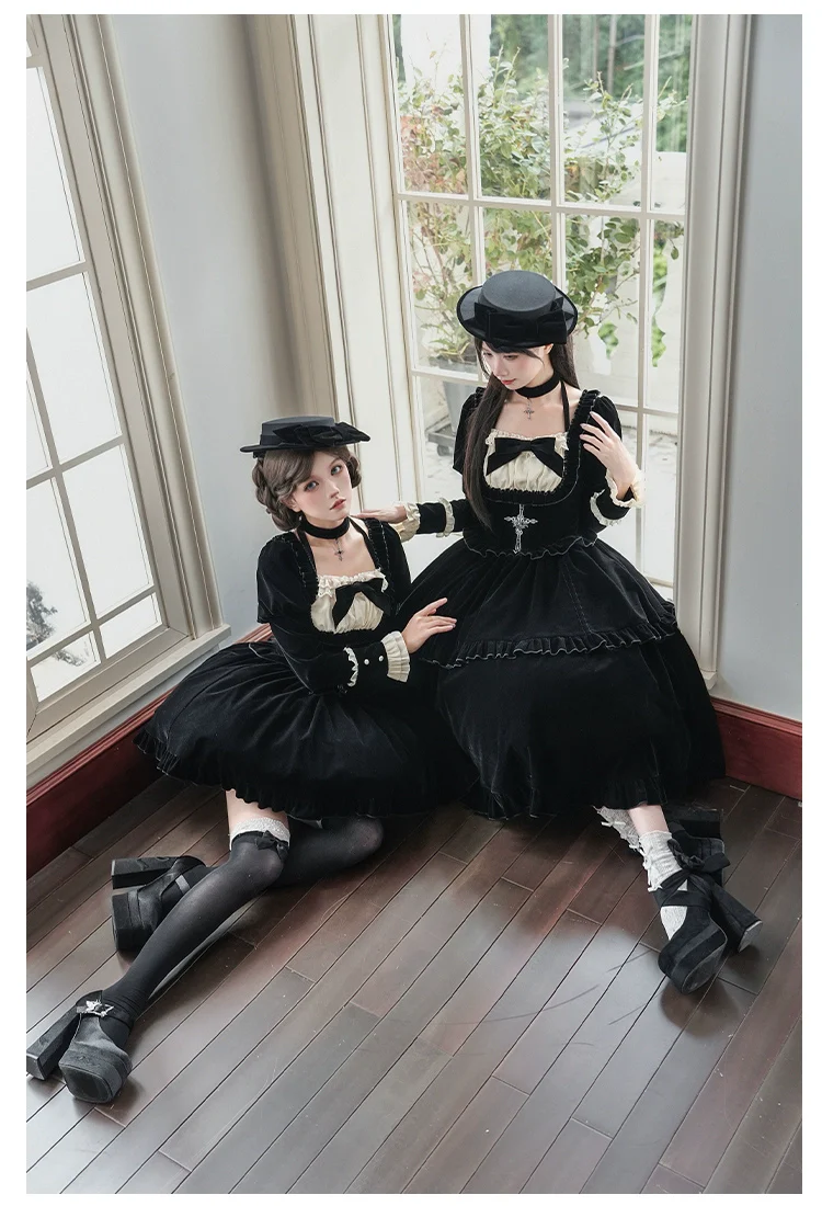 With PUJI - Apocalypse - Gothic Lolita Velvet OP Dress Set, Fishbone Waist - Image 9