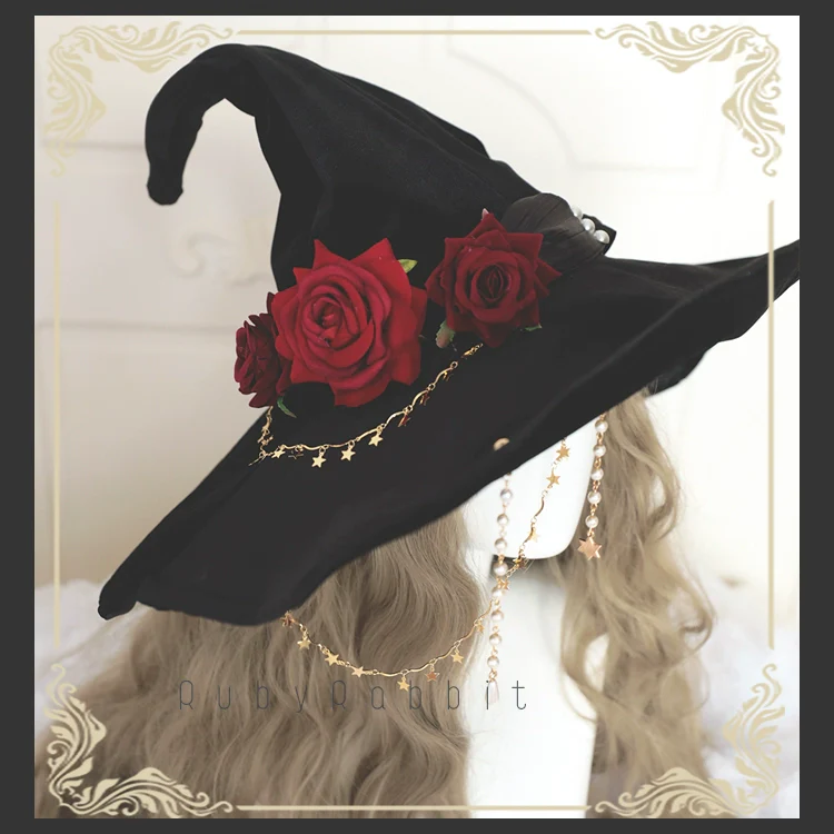 Gothic Lolita Witch Hat Velvet Halloween Hat Wide Brim - Image 2