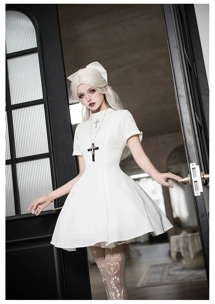 Nihil - Gothic Nun Lolita OP Dress, Irregular Hem Cape - Image 11