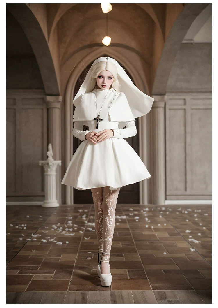 Nihil - Gothic Nun Lolita OP Dress, Irregular Hem Cape - Image 12