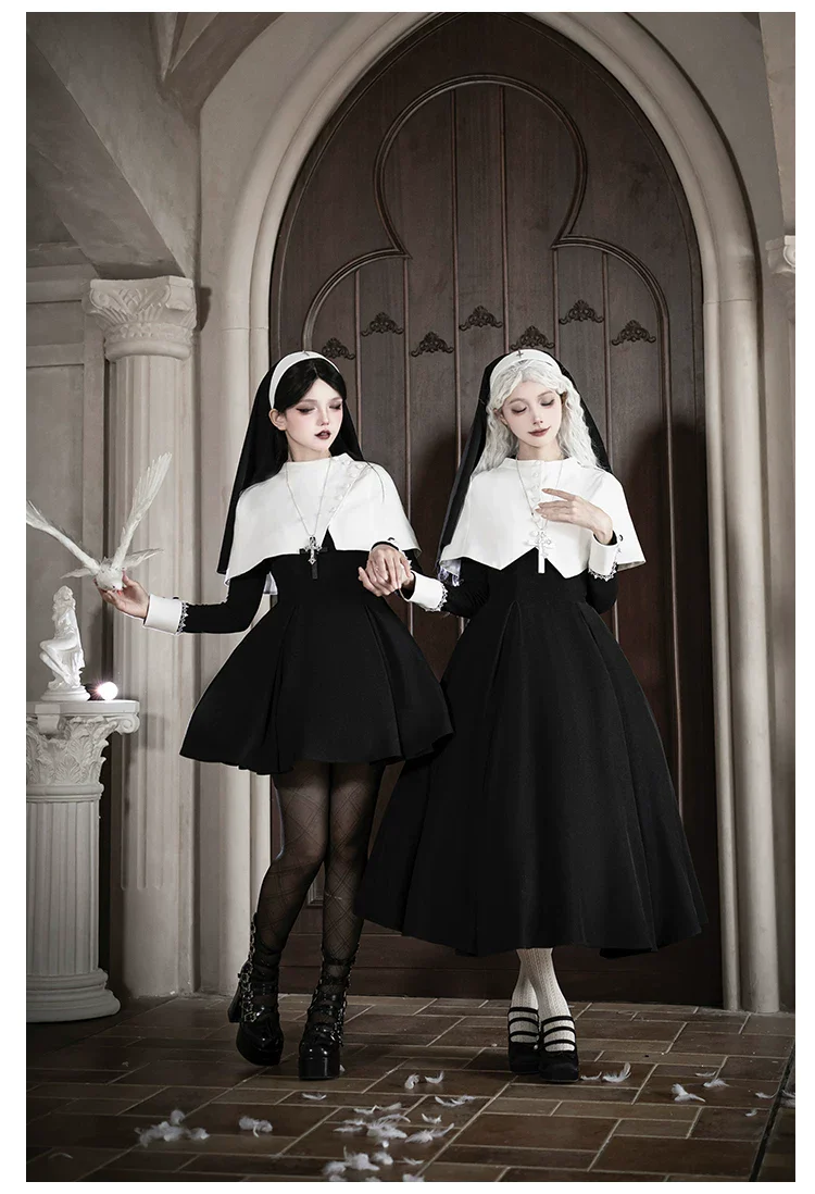 Nihil - Gothic Nun Lolita OP Dress, Irregular Hem Cape - Image 13