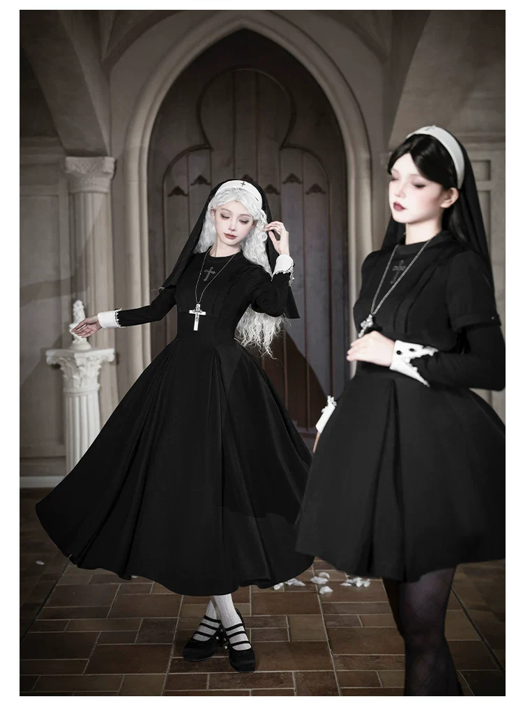 Nihil - Gothic Nun Lolita OP Dress, Irregular Hem Cape - Image 14