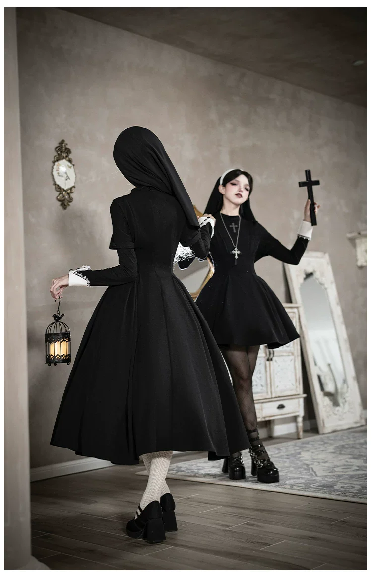 Nihil - Gothic Nun Lolita OP Dress, Irregular Hem Cape - Image 15