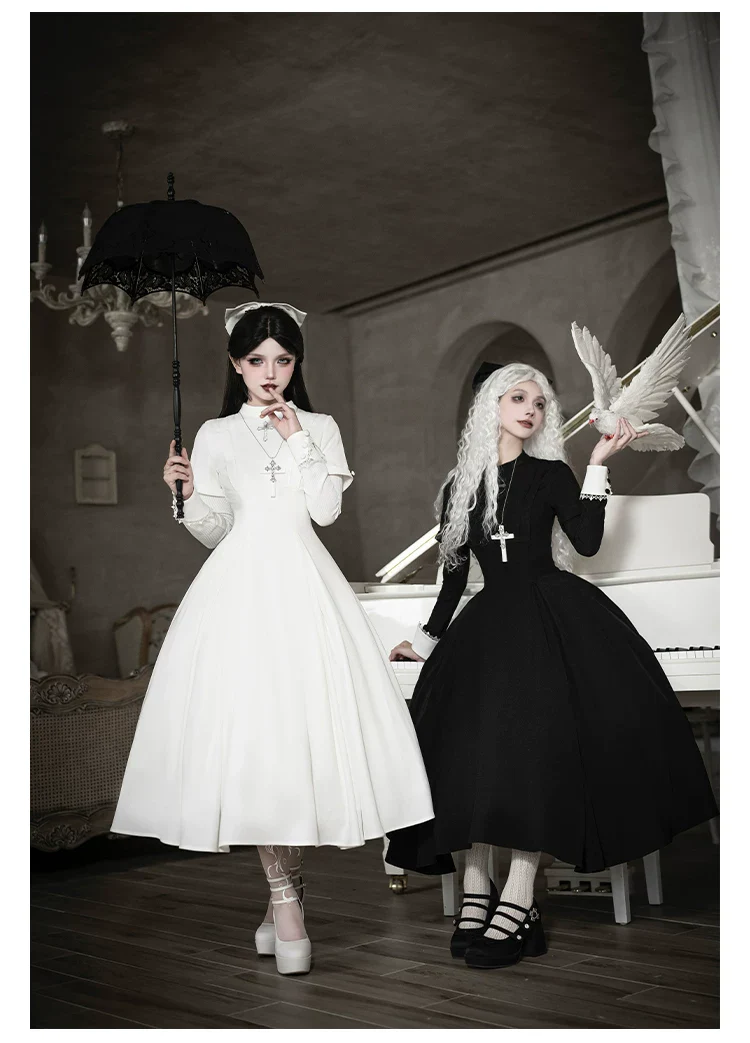 Nihil - Gothic Nun Lolita OP Dress, Irregular Hem Cape - Image 16